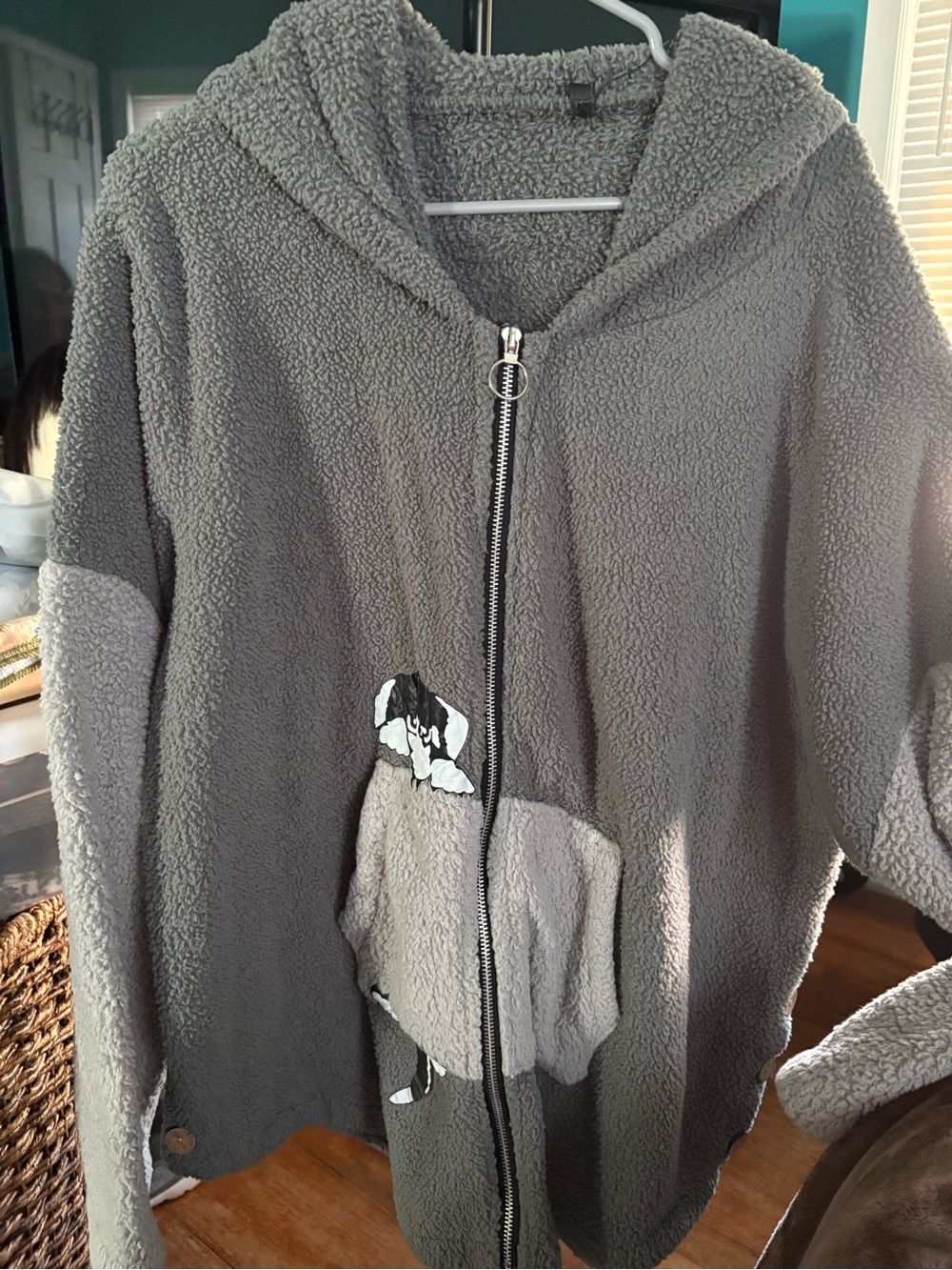 Cozy Gray Sherpa Zip-Up Hoodie with Puppy Patch